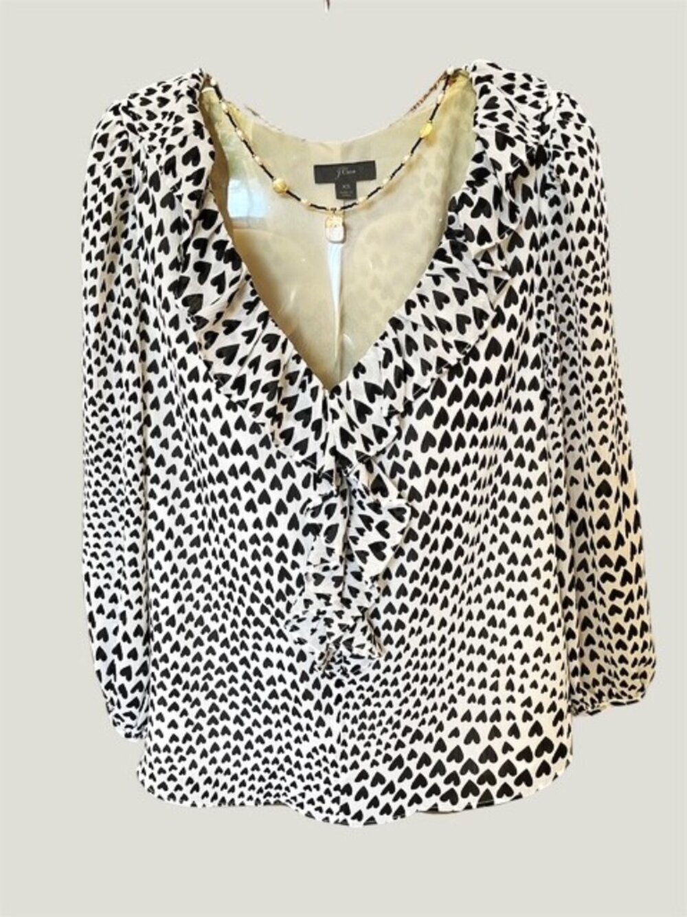 J. Crew Ruffle Trim Allover Heart print Blouse White/Black
